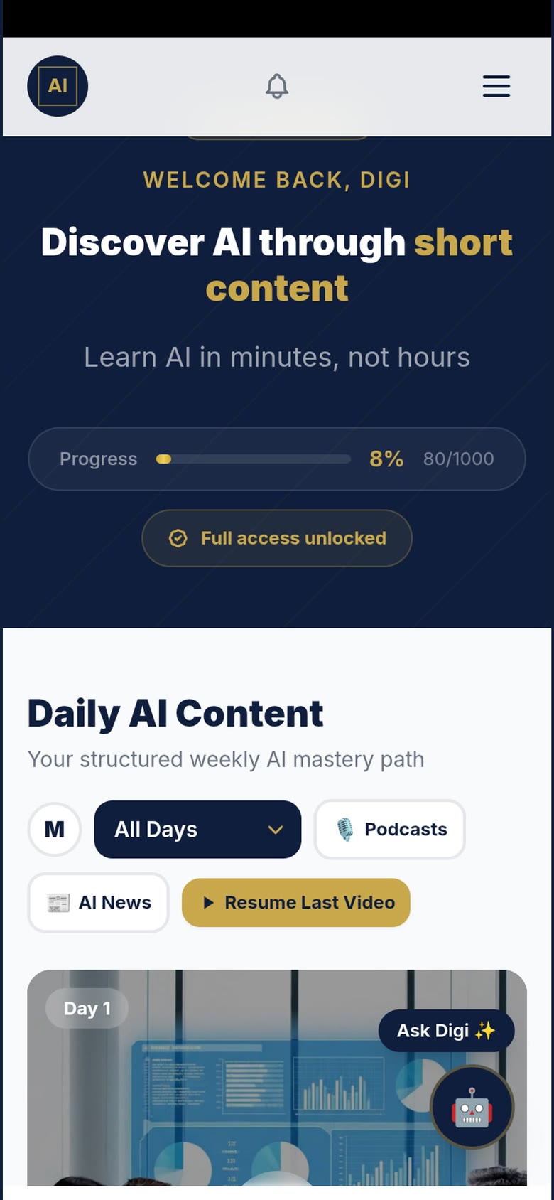 The dashboard with progress in the app