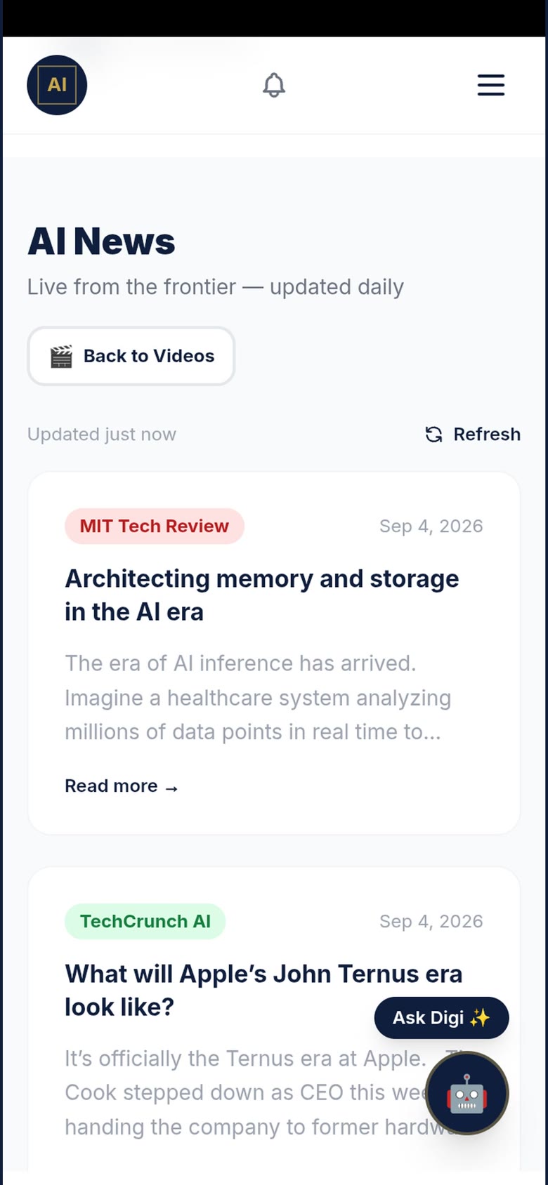 The curated AI news feed in the app